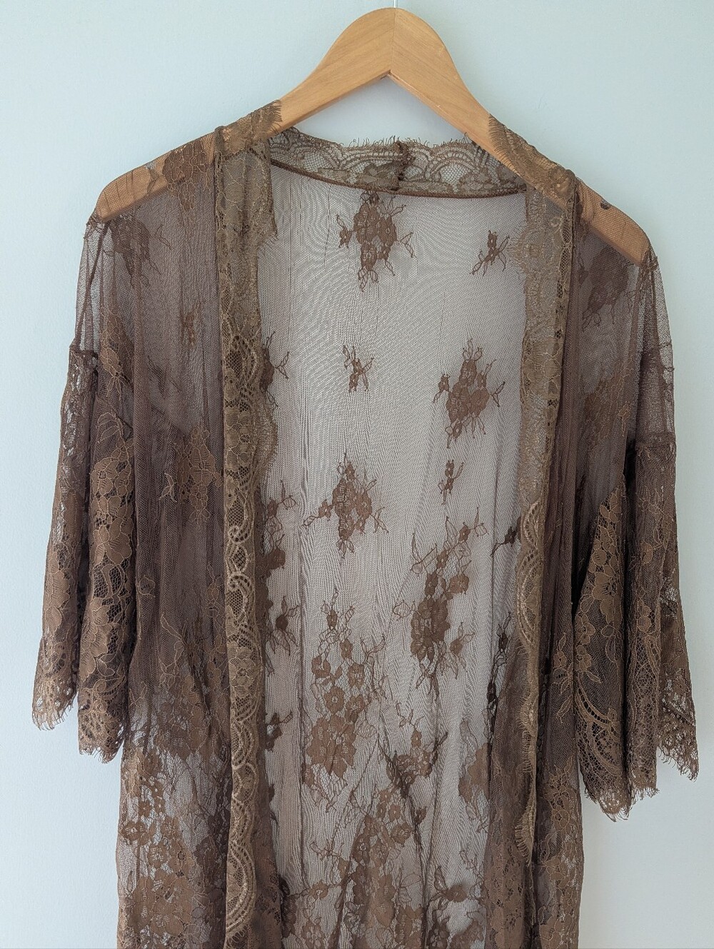 Brown Sheer Floral Lace Kimono Cardigan Duster S Boho Western Festival - Picture 4 of 6